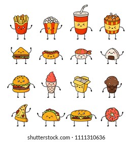 Set Of Vector Cartoon Doodle Icons Junk Food. Illustration Of Comic Fast Food. Patch, Badge