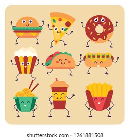 Set of vector cartoon doodle icons junk food.Fast food set cute characters face vector illustration Funny emoji concept