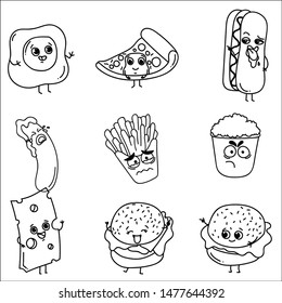 Set of vector cartoon doodle icons junk food. 