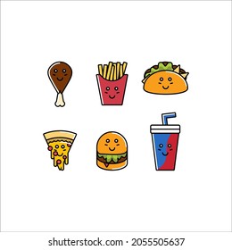 Set of vector cartoon doodle icons junk food. Illustration of comic fast food. Patch, badge