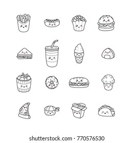 Set of vector cartoon doodle icons junk food. Illustration of comic fast food