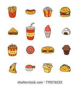 Conjunto de iconos vectoriales del doodle de los alimentos basura. Ilustración de comida rápida cómica