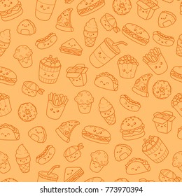 Set of vector cartoon doodle icons junk food. Illustration of comic fast food. Seamless texture, pattern, wallpaper, background