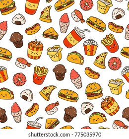 Set of vector cartoon doodle icons junk food. Illustration of comic fast food. Seamless texture, pattern, wallpaper, background