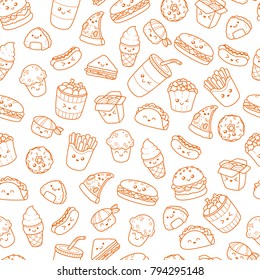 Set of vector cartoon doodle icons junk food. Illustration of comic fast food. Seamless texture, pattern, wallpaper, background