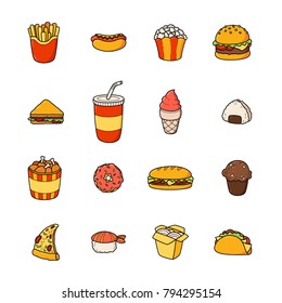 Set of vector cartoon doodle icons junk food. Illustration of comic fast food