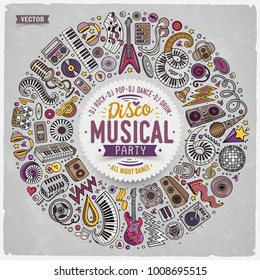 Set of vector cartoon doodle musical objects collected in a round border. Disco music card design