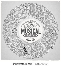 Set of vector cartoon doodle musical objects collected in a round border. Disco music card design