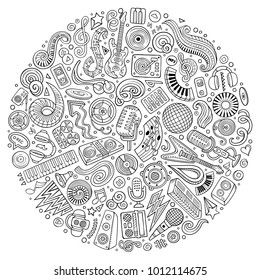 Set of vector cartoon doodle musical objects collected in a circle. Disco music subjects