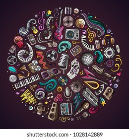 Set of vector cartoon doodle musical objects collected in a circle. Disco music subjects