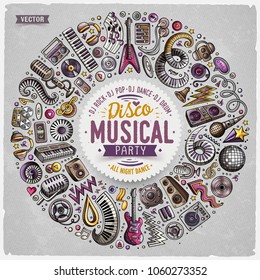 Set of vector cartoon doodle musical objects collected in a round border. Disco music card design