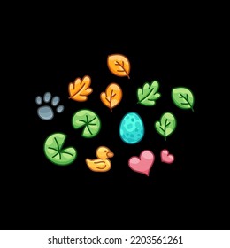 Set of vector cartoon drawings. Tree leaves, water lily leaves, dinosaur and platypus egg, animal paw print, rubber yellow duck toy, pink love hearts.