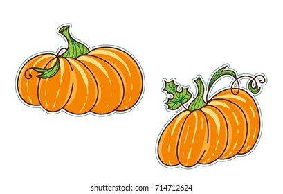 Set of Vector cartoon element for design. Kawaii Halloween pumpkins with green leaves. Object isolated on white background