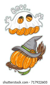 Set of Vector cartoon element for design. Kawaii Halloween pumpkins with green leaves, ghost and witch hat. Object isolated on white background