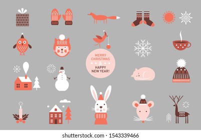 set of vector cartoon elements and characters, icons, winter theme