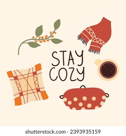 Set of vector cartoon elements in doodle style on the theme of a cozy home. Vector pattern for packaging, card, background, banner. Design elements.