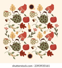 Set of vector cartoon elements in doodle style on the theme of a cozy home. Vector pattern for packaging, card, background, banner. Design elements.