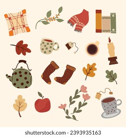 Set of vector cartoon elements in doodle style on the theme of a cozy home. Vector pattern for packaging, card, background, banner. Design elements.