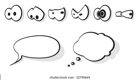 Set of vector cartoon eyes and speech bubbles