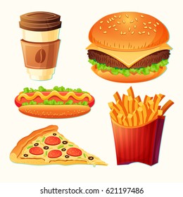 Set of vector cartoon fast food icons - hamburger, hot dog, pizza, french fries, take-away coffee, isolated on white. Signboards, badges, stickers, tags