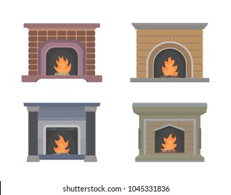 Set of vector cartoon fireplaces