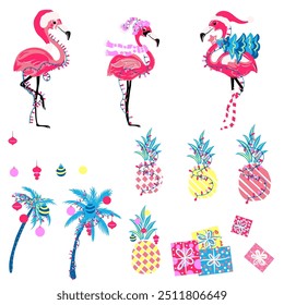 Set of vector cartoon flamingo, palms and pineapples tropical Christmas 