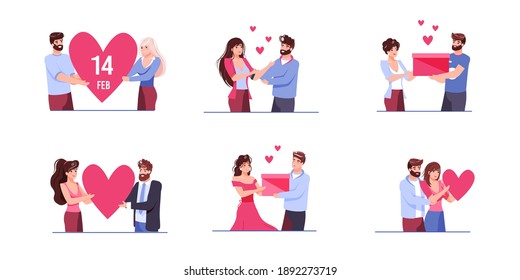 Set of vector cartoon flat characters couples.Young people in love,happy man woman give hearts,gifts-saint Valentine Day postcard,greeting card design,web online banner decor,love metaphor concept