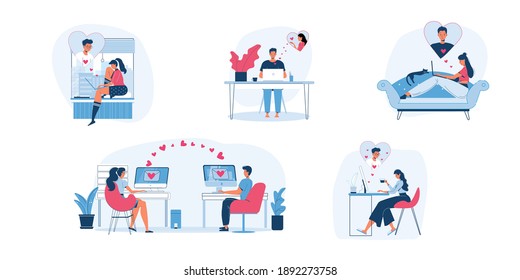 Set of vector cartoon flat characters couples.Young people in love chat,communicate online,think of each other-saint Valentine Day postcard,greeting card design,web online banner decor,social concept