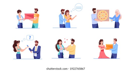 Set of vector cartoon flat characters friends,lovers,couples communication.Happy young people in love rejoice,hugging,talking,gives presents to each other-emotions,friendship,family,social concept