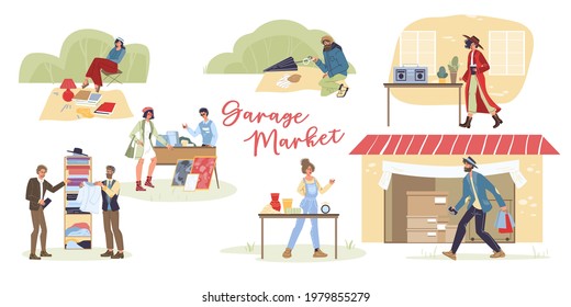 Set of vector cartoon flat characters outdoor shopping-various poses,emotions and goods,garage sales concept