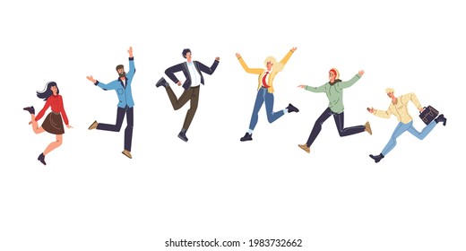 Set of vector cartoon flat characters friends in happy mood,rejoice together,young people celebrate success,jumping happily - communication,emotions,friendship,social concept