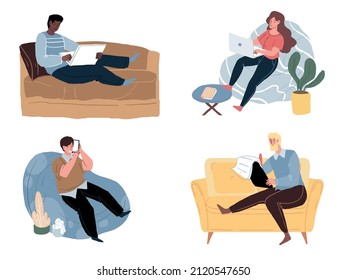 Set of vector cartoon flat characters sit,relax on sofa and chairs,using mobile devices for various purposes-home recreation,online work,social media communication concept,web site banner ad design