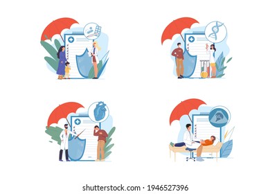 Conjunto de dibujos animados vectoriales médicos y personajes del paciente cita-seguro médico, diagnóstico, tratamiento y terapia con diversos dispositivos médicos, símbolos, imágenes