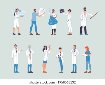 Set of vector cartoon flat doctor characters at work nurses in uniform,laboratory coats with medical devices-medic team,various poses and persons,human disease medical treatment and therapy concept