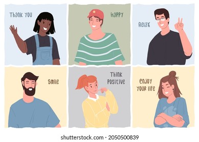 Set of vector cartoon flat happy smiling characters of different races,status,professions with various positive slogans-healthy lifestyle social concept,web site banner ad design