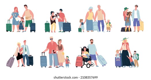 Set of vector cartoon flat happy families travelers characters,parents and kids with wheeled suitcases and other luggage-family tourism,vacation and travel concept,web site banner ad design