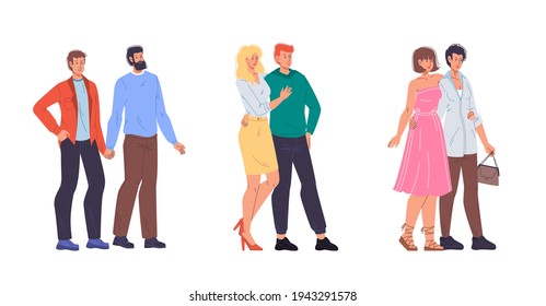 Set of vector cartoon flat hetero and homosexual characters lover couples,young people in love - communication,emotions,love,social concept