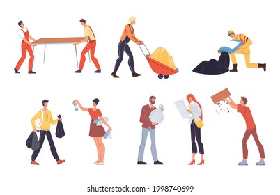 Set of vector cartoon flat industrial worker characters at work.Engineer workers at road construction,building repair,garbage removal works-web online site banner ad concept