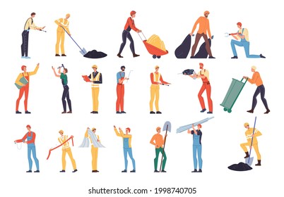 Set of vector cartoon flat industrial worker characters at work.Engineer workers at oil gas production,road construction,building repair,garbage removal works-web online site banner ad concept