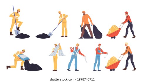 Set of vector cartoon flat industrial worker characters at work.Engineer workers at road construction repair,garbage removal works-web online site banner ad concept