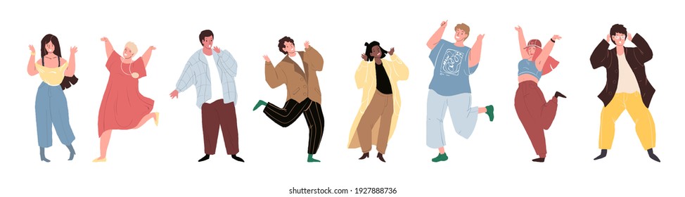 Set of vector cartoon flat trendy characters friends in joyful happy mood.Young people celebrate success,jumping happily,rejoice together-communication,emotions,friendship,positive social concept