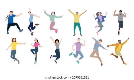 Juego de dibujos animados vectoriales personajes de moda amigos en un humor alegre y feliz. Estilo de vida saludable, Amistad, Éxito, celebrando el concepto de victoria. Ilustración del vector