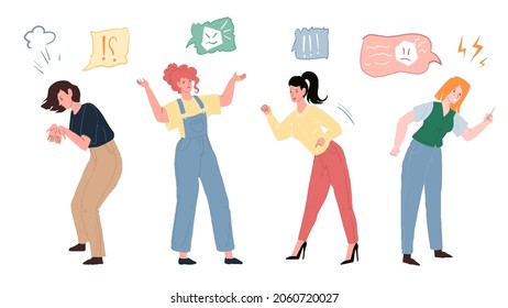 Set of vector cartoon flat women characters in various aggressive moods,different emotions icons,persons and poses.Communication,anger management and social behavior concept,web site banner ad design