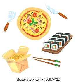 Set of vector cartoon food illustrations. Great for delivery services, restaurants and cafe. Pizza, sushi, wok noodle