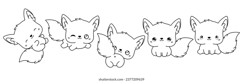 Set of Vector Cartoon Fox Coloring Page. Collection of Kawaii Isolated Animal Outline for Stickers, Baby Shower, Coloring Book, Prints for Clothes. 