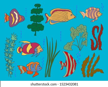 Set of vector cartoon freehand drawings of funny colorful fish with seaweed on a blue background