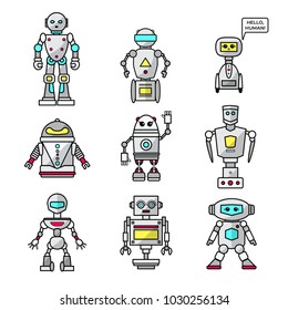 Set of vector cartoon friendly robots isolated on white background. Vector illustration for your graphic design.