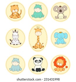 set vector cartoon fun animals in round badges