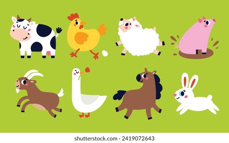 Set of vector cartoon funny cute farm animals. Cow, pig, chicken, sheep, goat, goose, horse, rabbit in hand drawn flat style.