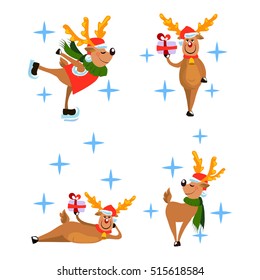 set of vector cartoon funny deers on white background.